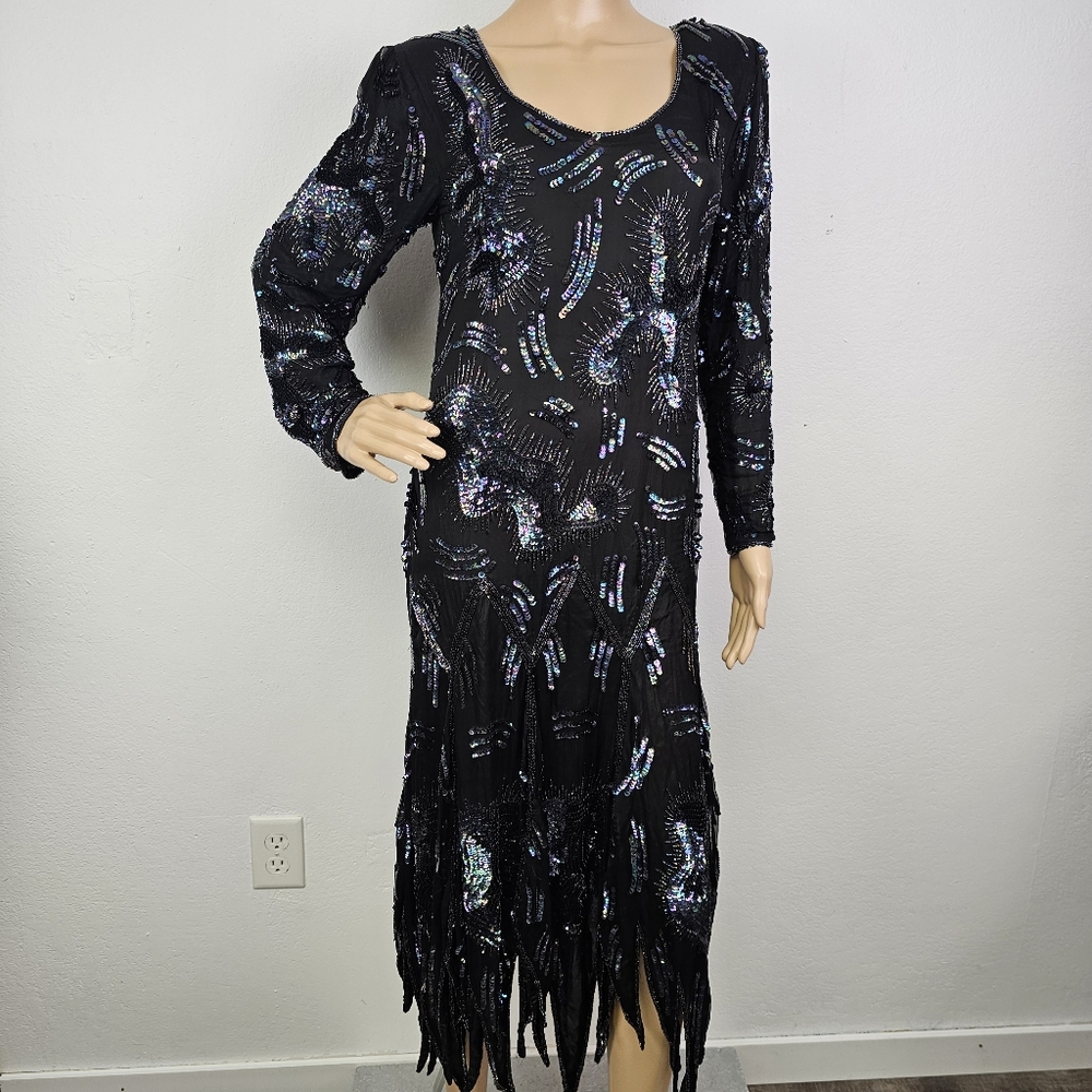 VTG Fantasy Silk Dress Black Beaded Sequins Lisa Kane Sz M New Year Whimsigoth